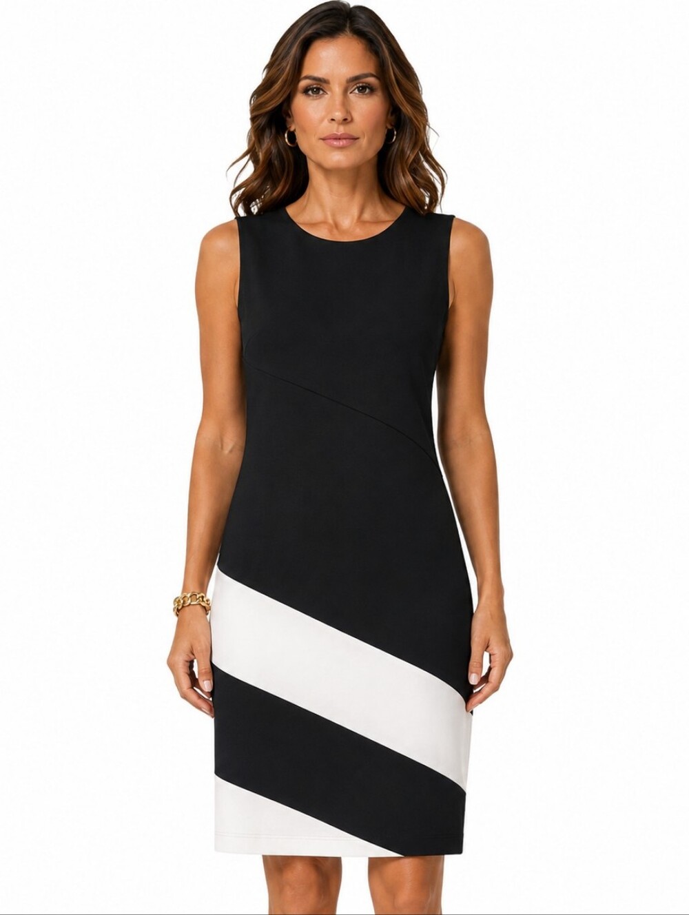 Joseph Ribkoff Color Block Knit Sheath Dress 14 Black White Zip Detail Office